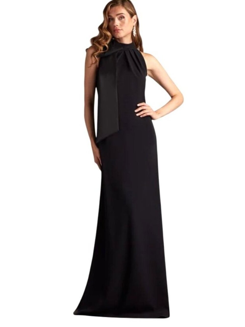 New Tadashi Shoji Sims Shoulder Bow Halter Black Formal Gown Maxi XS Dress